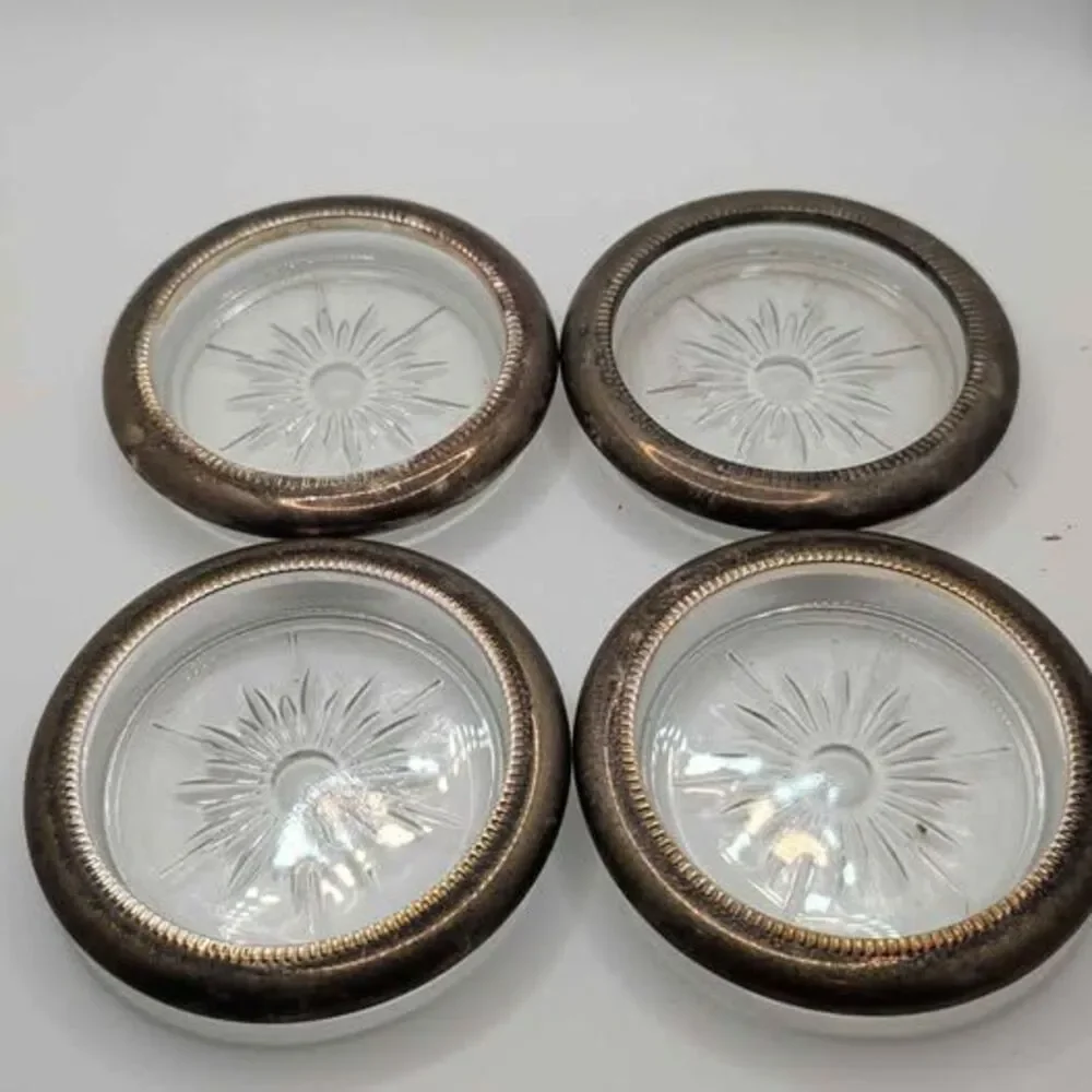 Vintage Leonard Silver Rim Crystal Coasters Set of 4 Starburst Glass Italy